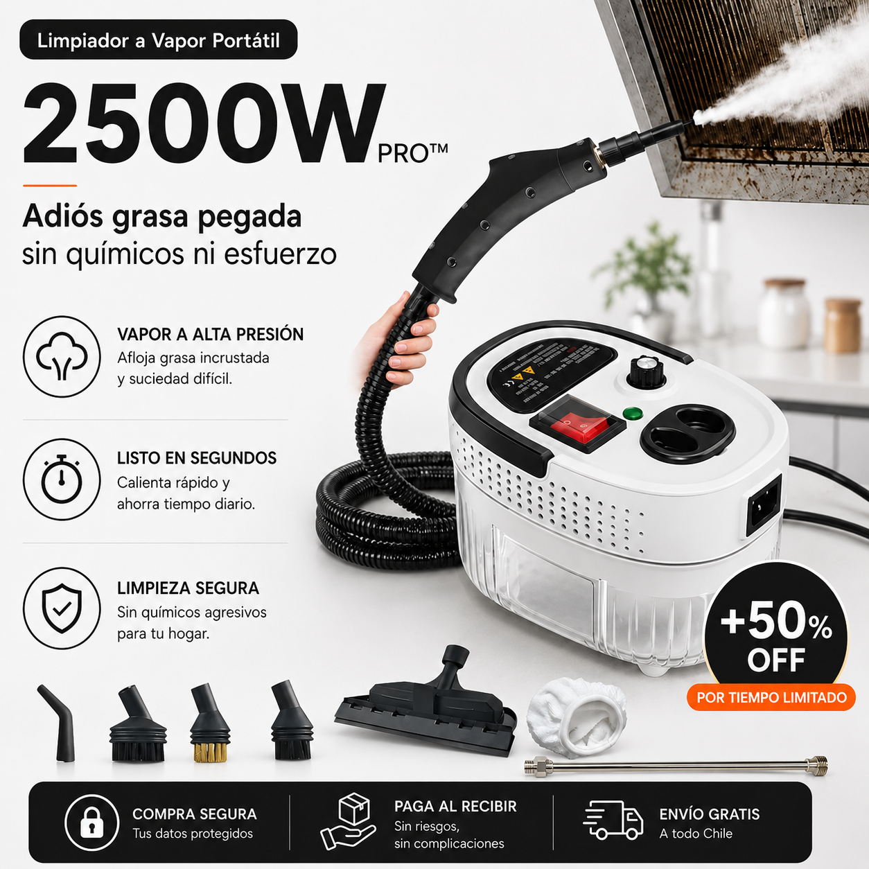 Limpiador a Vapor Portátil 2500W PRO™ | Adiós grasa pegada al instante